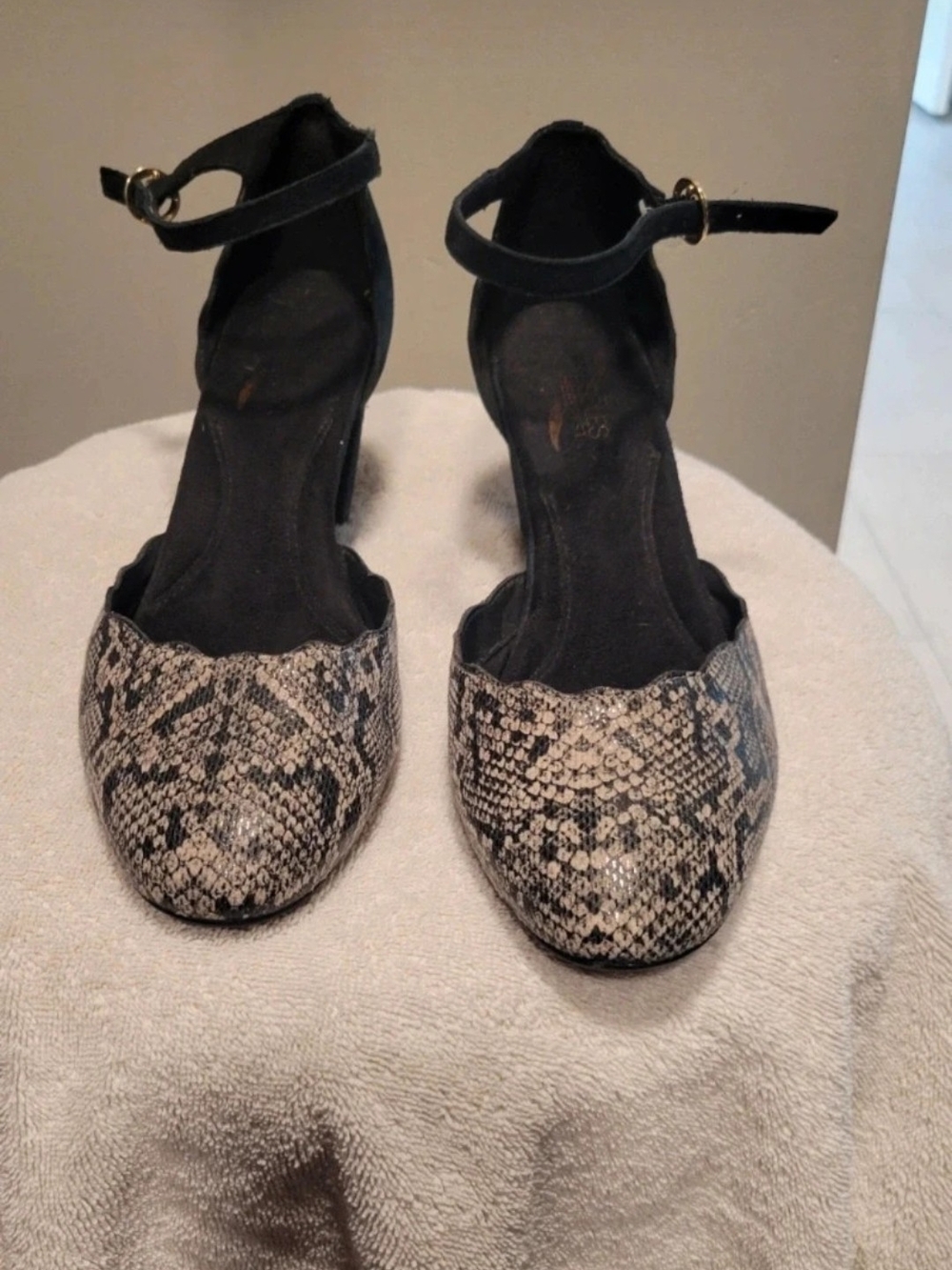 AEROSOLES Black and Beige Snake-Print Ankle-Strap Pumps